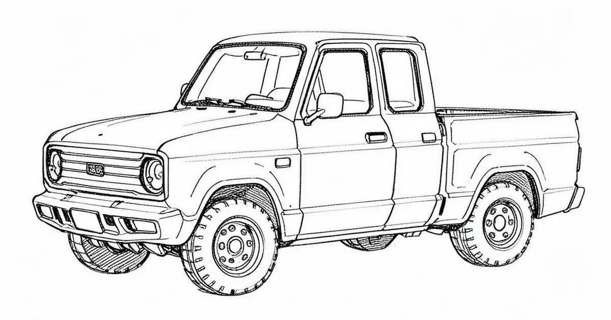 Pen sketch of a four-door pickup truck with an open cargo bed