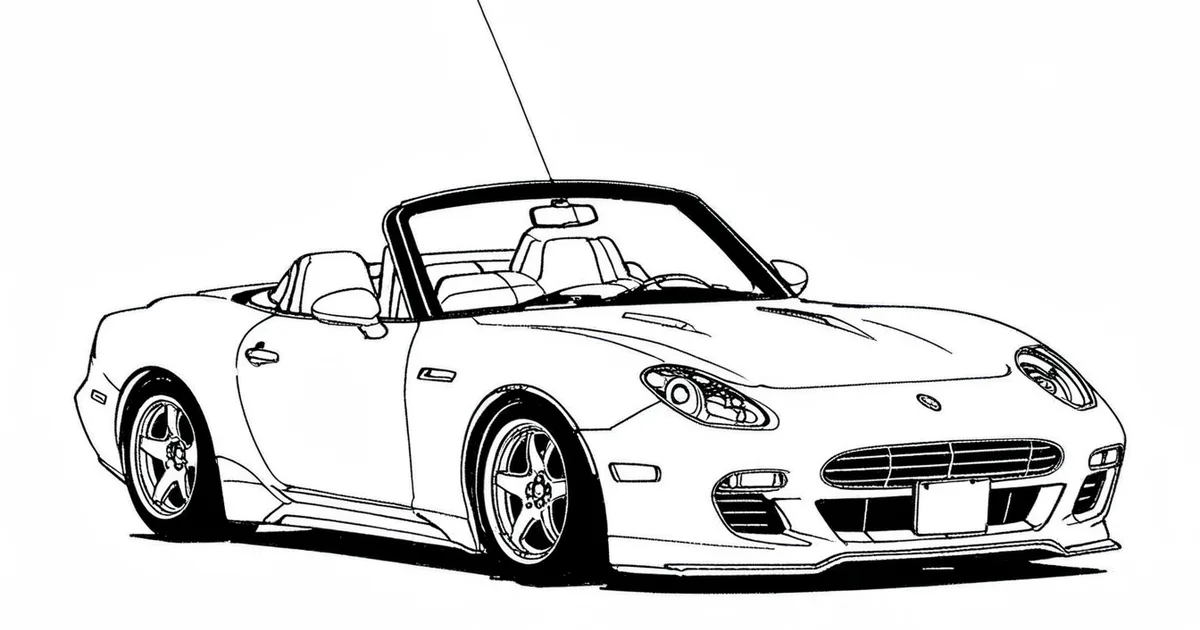 Pen sketch of an open-top two-seat roadster with a low, wide stance
