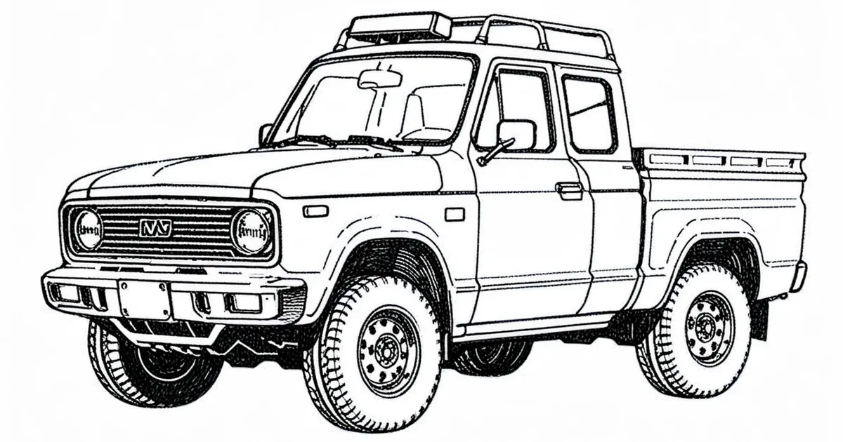 Pen sketch of a heavy-duty pickup truck on tall suspension